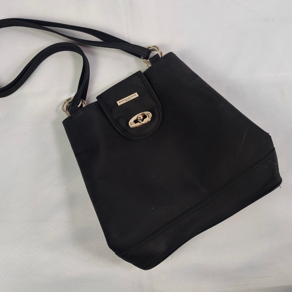Vintage 90s Donna Karan Nylon Shoulder Bag Black Grommet Turnlock Large Purse